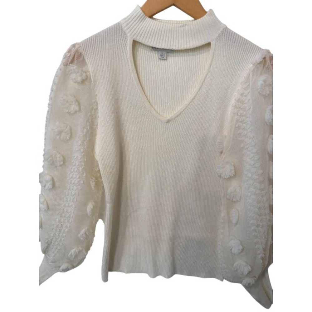 Cato Cream Knit Sweater Womens L Sheer Pom-Pom Puff Sleeves Cutout Neck Ribbed